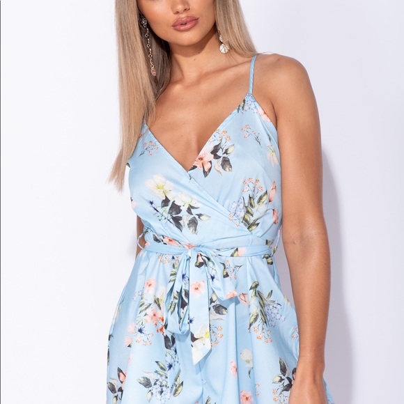 Floral Wrap Front Cross Back Belted Playsuit - Picture 2 of 6